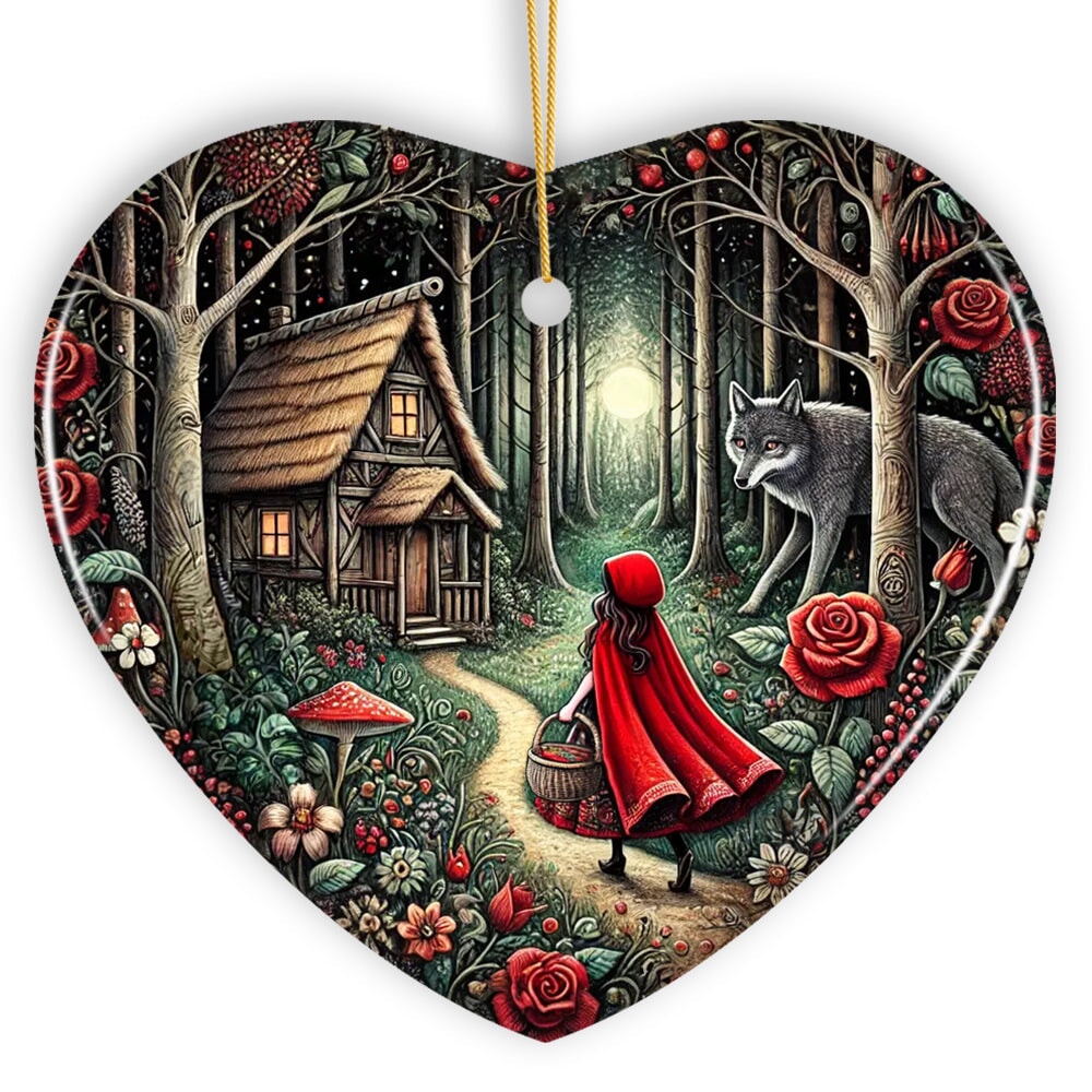 Folksy Sly Wolf and Red Riding Hood Ornament, Mystic Woodland Fantasy Holiday Decoration