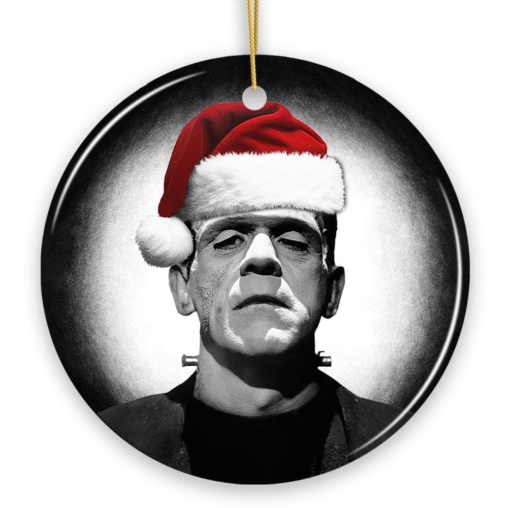 Retro Frankenstein with Santa Hat Ceramic Ornament, Creepy Holiday Gift And Decor
