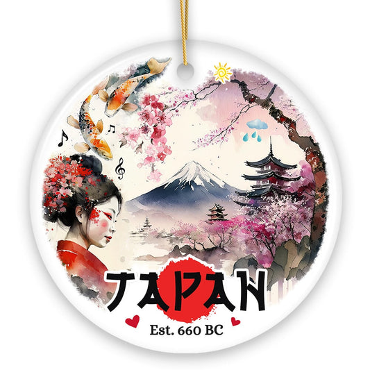 Vintage Artistic Japan Natural and Cultural Ornament, Watercolor Painting of Ancient Traditions Japanese Souvenir