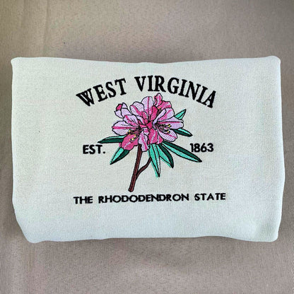 West Virginia State Sweatshirt or Hoodie, Embroidered Gift - Est. 1863 Rhododendron Flower