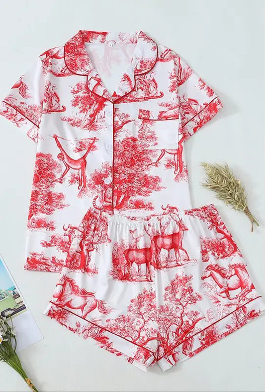 Women's All Over Animal Print Short Sleeve Shirt & Pants Pajama Two-piece Set, Casual Comfy Button Down Lapel Neck Top & Trousers Pajama Set, Ladies Sleepwear for All Seasons, Loungewear, Womenswear