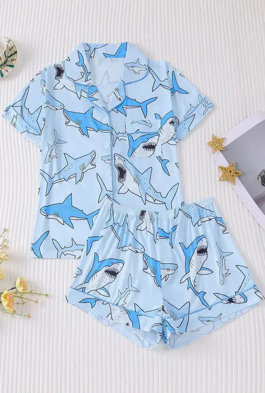 Women's All Over Animal Print Shortsleeve Shirt & Elastic Waist Shorts Pyjama Two-piece Set, Casual Comfy Short Sleeve Top & Shorts Pj Set, Ladies Sleepwear for All Seasons, Loungewear, Pajama Set, Summer Sleepwear