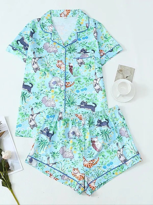 Women's All Over Animal & Floral Print Pajama Two-piece Set, Casual Comfy Short Sleeve Lapel Collar Shirt & Shorts PJ Set, Ladies Sleepwear for All Seasons, Loungewear