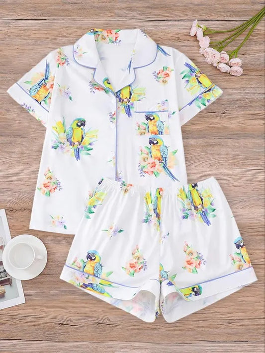 Women's All Over Bird Print Shirt & Elastic Waist Shorts Pajama Two-piece Set, Casual Comfy Short Sleeve Lapel Neck Top & Shorts Pajama Set, Ladies Sleepwear for All Seasons, Loungewear, Pajamas