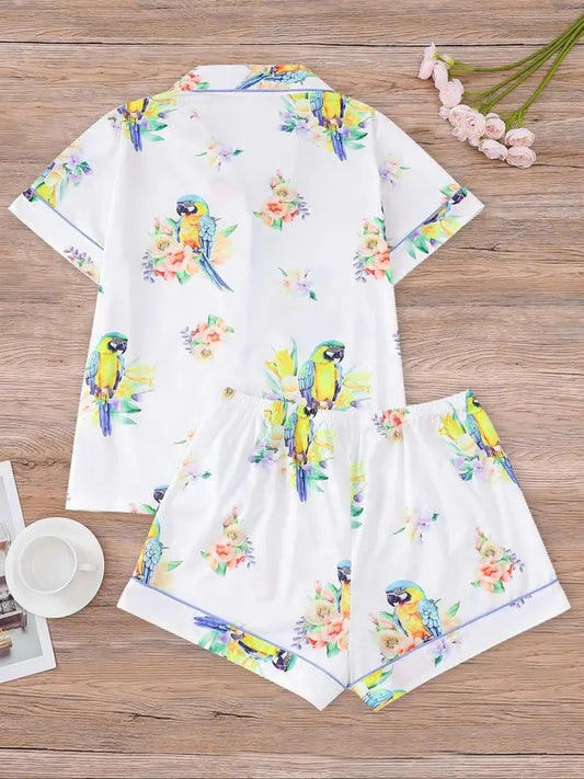 Women's All Over Bird Print Shirt & Elastic Waist Shorts Pajama Two-piece Set, Casual Comfy Short Sleeve Lapel Neck Top & Shorts Pajama Set, Ladies Sleepwear for All Seasons, Loungewear, Pajamas
