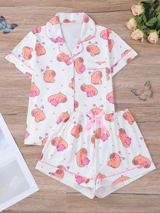 Women's All Over Cartoon  Print Top & Elastic Waist Shorts Pajama Two-piece Set, Casual Comfy Short Sleeve Top & Shorts Pajamas Set, Ladies Sleepwear for All Seasons