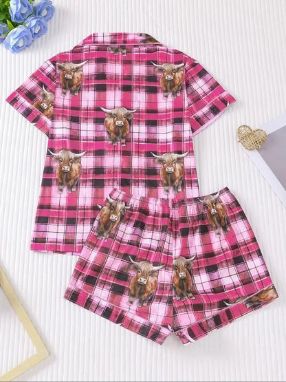 Women's All Over Cow Print Shortsleeve Shirt & Elastic Waist Shorts Pyjama Two-piece Set, Casual Comfy Short Sleeve Top & Pajama Shorts Set, Ladies Sleepwear for All Seasons, Loungewear, Pajama Sets, Pajamas, Womenswear, Pjs