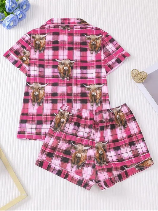 Women's All Over Cow Print Shortsleeve Shirt & Elastic Waist Shorts Pyjama Two-piece Set, Casual Comfy Short Sleeve Top & Pajama Shorts Set, Ladies Sleepwear for All Seasons, Loungewear, Pajama Sets, Pajamas, Womenswear, Pjs