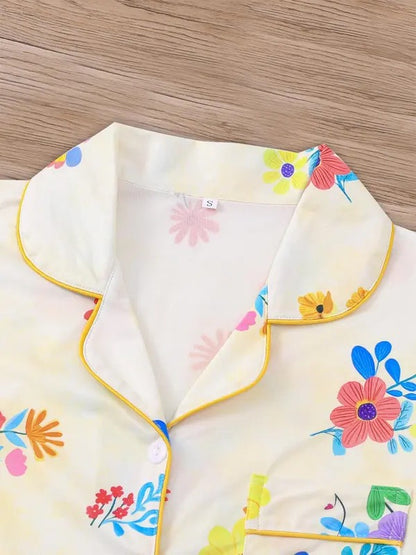 Women's All Over Floral Print Top & Elastic Waist Shorts Pajama Two-piece Set, Casual Comfy Short Sleeve Top & Shorts Pajama Set, Ladies Sleepwear for All Seasons, Pajamas set