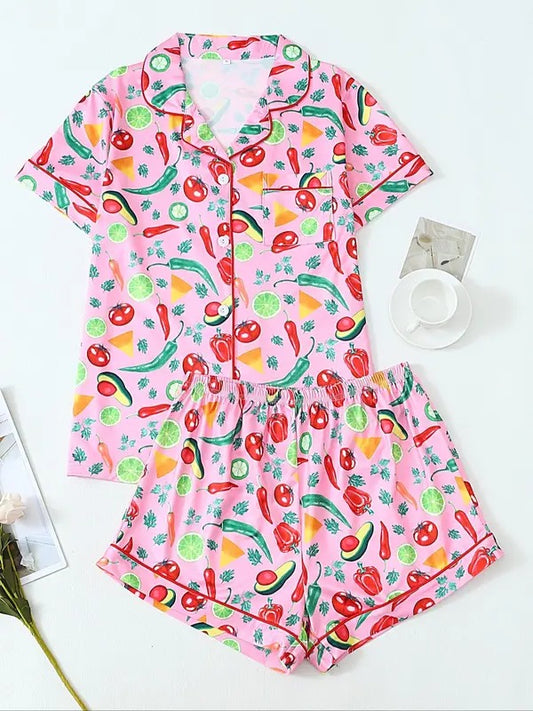 Women's All Over Floral Print Top & Elastic Waist Shorts Pajama Two-piece Set,Pajama set Casual Comfy Short Sleeve Top & Shorts Pj Set, Ladies Sleepwear for All Seasons, Pajamas