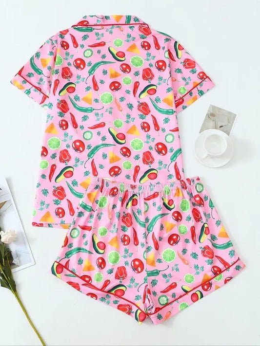 Women's All Over Floral Print Top & Elastic Waist Shorts Pajama Two-piece Set,Pajama set Casual Comfy Short Sleeve Top & Shorts Pj Set, Ladies Sleepwear for All Seasons, Pajamas