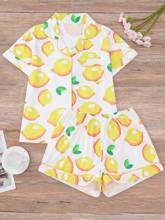 Women's All Over Lemon Print Shirt & Elastic Waist Shorts Pyjama Two-piece Set, Casual Comfy Short Sleeve Collared Top & Shorts Pajama Set, Ladies Sleepwear for All Seasons, Pajama Sets