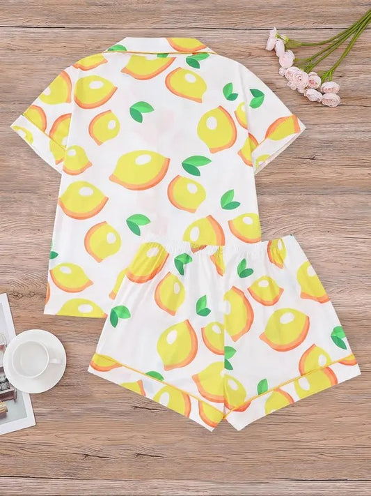 Women's All Over Lemon Print Shirt & Elastic Waist Shorts Pyjama Two-piece Set, Casual Comfy Short Sleeve Collared Top & Shorts Pajama Set, Ladies Sleepwear for All Seasons, Pajama Sets