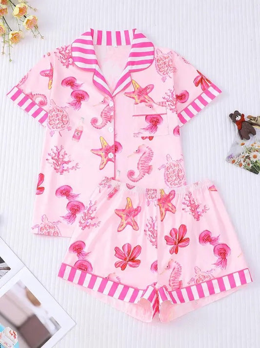Women's All Over Marine Life Print Contrast Trim Short Sleeve Pajama Two-Piece Set, Casual Cute Comfy Soft Button Front Chest Pocket Design Lapel Neck Top & Elastic Waist Shorts Pajama Set, Ladies Sleepwear for All Seasons