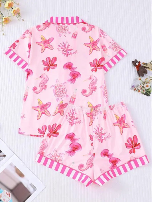Women's All Over Marine Life Print Contrast Trim Short Sleeve Pajama Two-Piece Set, Casual Cute Comfy Soft Button Front Chest Pocket Design Lapel Neck Top & Elastic Waist Shorts Pajama Set, Ladies Sleepwear for All Seasons