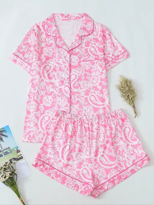 Women's All Over Paisley Print Short Sleeve Pajama Two-piece Set, Elegant Casual Comfy Button Front Chest Pocket Design Lapel Neck Top & Elastic Waist Shorts Pajama Set, Ladies Sleepwear for All Seasons, Loungewear, Womenswear