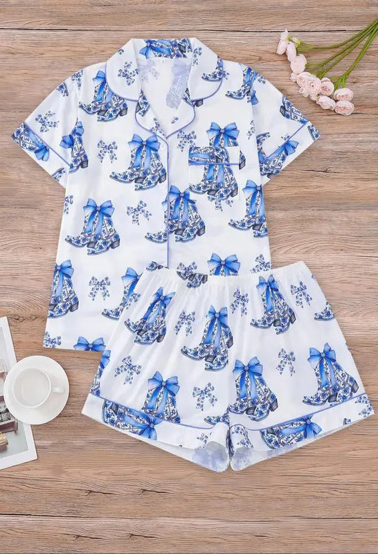 Women's All Over Print Button Front Shirt & Elastic Waist Shorts Pajama Two-piece Set, Casual Comfy Short Sleeve Top & Shorts Pajama Set, Ladies Sleepwear for All Seasons, Pajama Sets, Glam Lounge Wear, Pajamas
