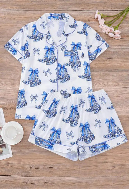 Women's All Over Print Button Front Shirt & Elastic Waist Shorts Pajama Two-piece Set, Casual Comfy Short Sleeve Top & Shorts Pajama Set, Ladies Sleepwear for All Seasons, Pajama Sets, Glam Lounge Wear, Pajamas