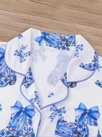 Women's All Over Print Button Front Shirt & Elastic Waist Shorts Pajama Two-piece Set, Casual Comfy Short Sleeve Top & Shorts Pajama Set, Ladies Sleepwear for All Seasons, Pajama Sets, Glam Lounge Wear, Pajamas