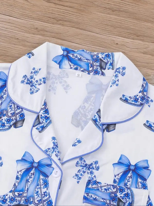 Women's All Over Print Button Front Shirt & Elastic Waist Shorts Pajama Two-piece Set, Casual Comfy Short Sleeve Top & Shorts Pajama Set, Ladies Sleepwear for All Seasons, Pajama Sets, Glam Lounge Wear, Pajamas