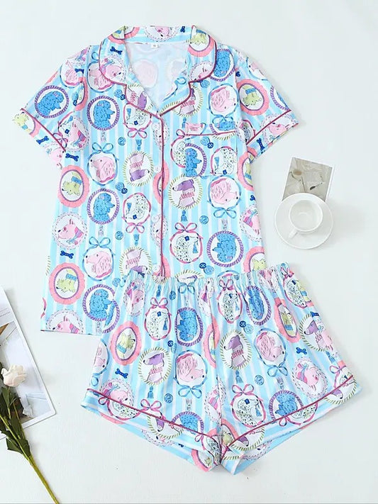 Women's All Over Print Lapel Neck Pajama Two-Piece Set, Casual Comfy Short Sleeve Top & Shorts Pajama Set, Ladies Sleepwear for All Seasons, Loungewear