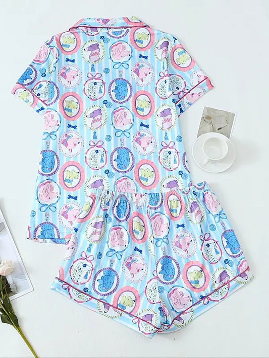 Women's All Over Print Lapel Neck Pajama Two-Piece Set, Casual Comfy Short Sleeve Top & Shorts Pajama Set, Ladies Sleepwear for All Seasons, Loungewear