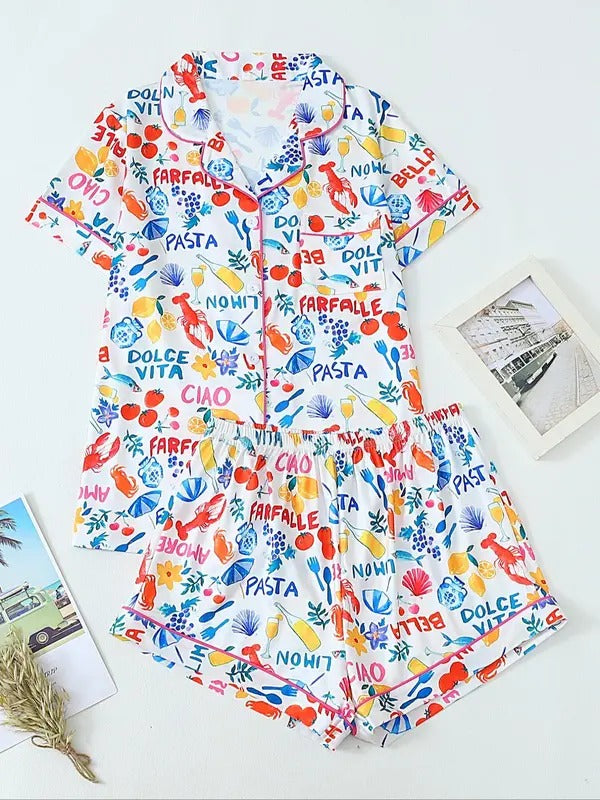 Women's All Over Print Lapel Neck Pajama Set, Casual Comfy Short Sleeve Crop Shirt & Shorts Pajama Set, Ladies Sleepwear for All Seasons