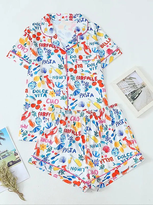 Women's All Over Print Lapel Neck Pajama Set, Casual Comfy Short Sleeve Crop Shirt & Shorts Pajama Set, Ladies Sleepwear for All Seasons