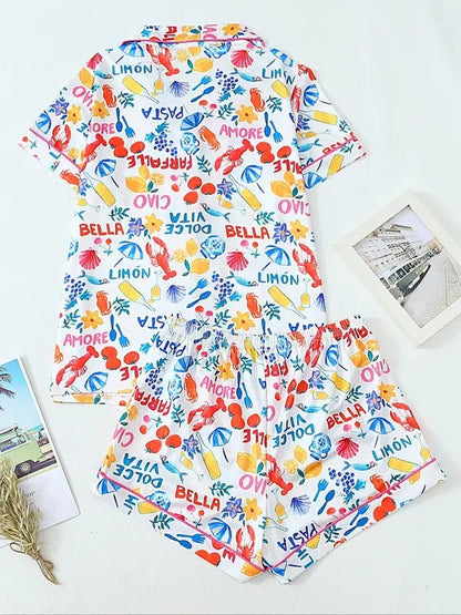 Women's All Over Print Lapel Neck Pajama Set, Casual Comfy Short Sleeve Crop Shirt & Shorts Pajama Set, Ladies Sleepwear for All Seasons