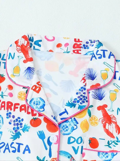 Women's All Over Print Lapel Neck Pajama Set, Casual Comfy Short Sleeve Crop Shirt & Shorts Pajama Set, Ladies Sleepwear for All Seasons