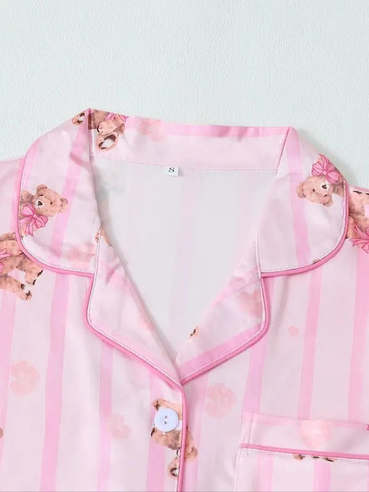 Women's All Over Print Shortsleeve Shirt & Elastic Waist Shorts Pajama Set, Casual Comfy Short Sleeve Top & Shorts Set, Ladies Sleepwear for Summer, Loungewear, Womenswear