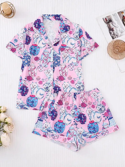 Women's Cartoon Cat Print Lapel Neck Short Sleeve Shirt & Elastic Waist Shorts Pajama Two-Piece Set, Casual Comfy Button Front Chest Pocket Design Top & Shorts PJ Set, Ladies Sleepwear for All Seasons