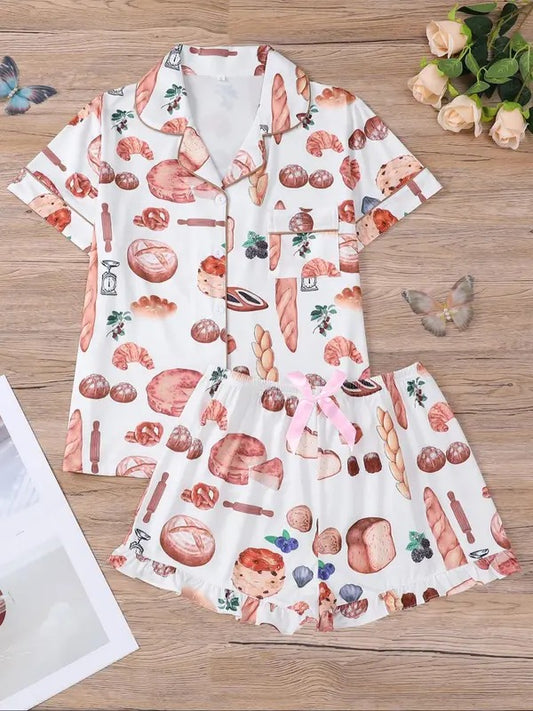 Women's Cartoon Food Print Shirt & Elastic Waist Shorts Pajama Two-piece Set, Casual Comfy Short Sleeve Top & Shorts Pajama Set, Ladies Sleepwear for All Seasons