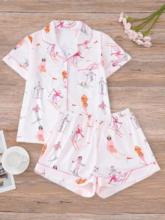 Women's Cartoon  Print Shirt & Elastic Waist Shorts Pajama, Casual Comfy Short Sleeve Top & Shorts Pj Set, Ladies Sleepwear for Summer, Loungewear