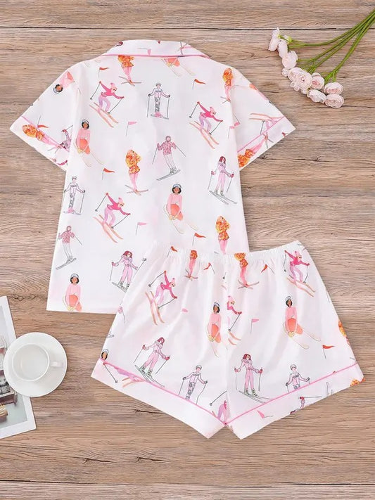 Women's Cartoon  Print Shirt & Elastic Waist Shorts Pajama, Casual Comfy Short Sleeve Top & Shorts Pj Set, Ladies Sleepwear for Summer, Loungewear