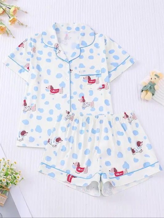 Women's Cartoon  Print Short Sleeve Top & Elastic Waist Shorts Pajama, Casual Comfy Top & Shorts Pj Set, Ladies Sleepwear for Summer, Loungewear