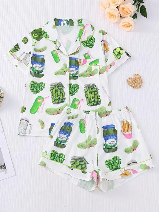 Women's Cucumber Print Shortsleeve Pajama Set, Casual Comfy Button Front Chest Pocket Design Lapel Neck Top & Elastic Waist Shorts Pj Set, Ladies Sleepwear, Womenswear, Loungewear, Pajamas