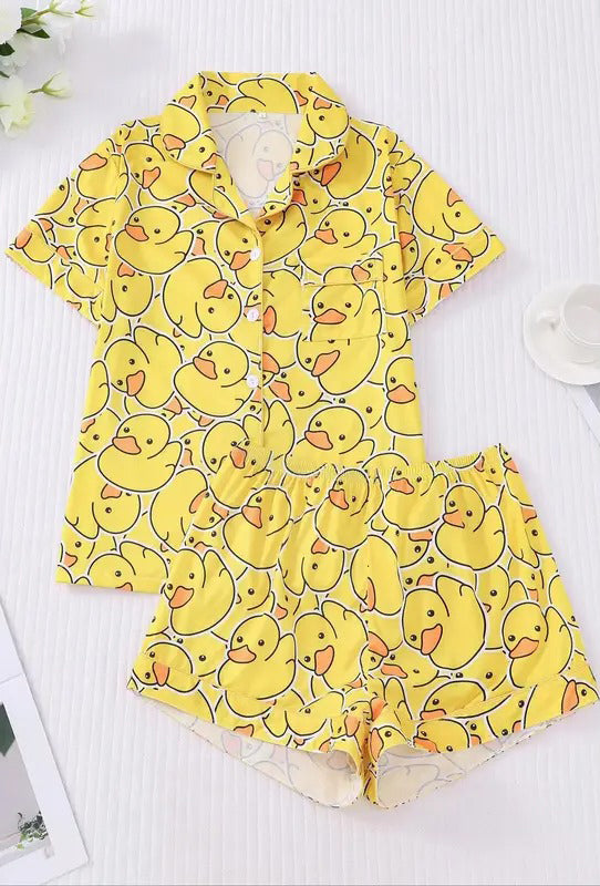 Women's Duck Print Shirt & Elastic Waist Shorts Pajama Two-piece Set, Casual Comfy Short Sleeve Top & Shorts Loungewear Set, Ladies Sleepwear for Summer, Pajama Sets, Womenswear, Homewear, Pajama set, Pajamas