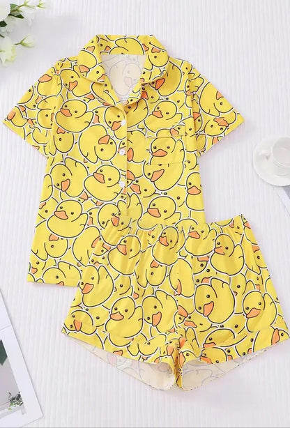 Women's Duck Print Shirt & Elastic Waist Shorts Pajama Two-piece Set, Casual Comfy Short Sleeve Top & Shorts Loungewear Set, Ladies Sleepwear for Summer, Pajama Sets, Womenswear, Homewear, Pajama set, Pajamas