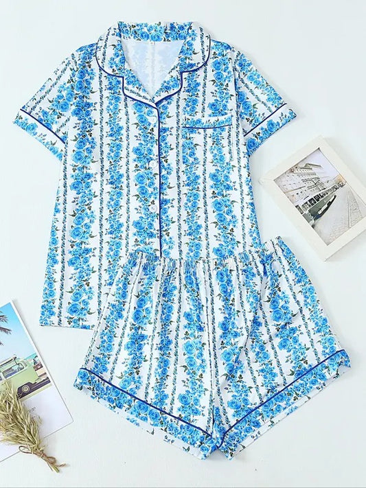 Women's Floral Print Crop Top & Shorts Pajama Two-piece Set, Casual Comfy Short Sleeve Top & Shorts Pajama Set, Ladies Sleepwear for All Seasons, Loungewear