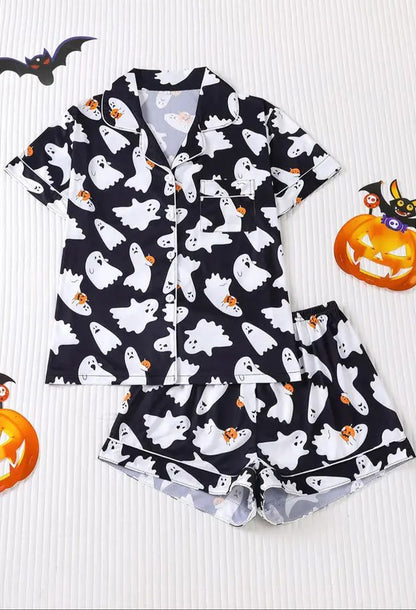 Women's Ghost Print Shirt & Elastic Waist Shorts Pajama, Casual Comfy Short Sleeve Top & Shorts Pajama Set, Ladies Sleepwear for All Seasons, Loungewear