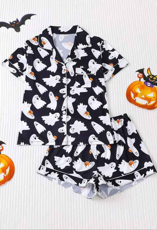 Women's Ghost Print Shirt & Elastic Waist Shorts Pajama, Casual Comfy Short Sleeve Top & Shorts Pajama Set, Ladies Sleepwear for All Seasons, Loungewear