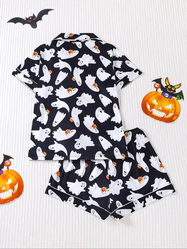 Women's Ghost Print Shirt & Elastic Waist Shorts Pajama, Casual Comfy Short Sleeve Top & Shorts Pajama Set, Ladies Sleepwear for All Seasons, Loungewear