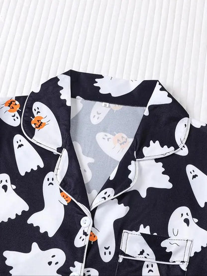 Women's Ghost Print Shirt & Elastic Waist Shorts Pajama, Casual Comfy Short Sleeve Top & Shorts Pajama Set, Ladies Sleepwear for All Seasons, Loungewear