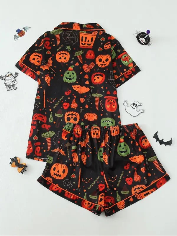 Women's Halloween Print Lapel Neck Pajama, Casual Comfy Short Sleeve Top & Shorts Pajama Set, Ladies Sleepwear for All Seasons, Loungewear (Copy)