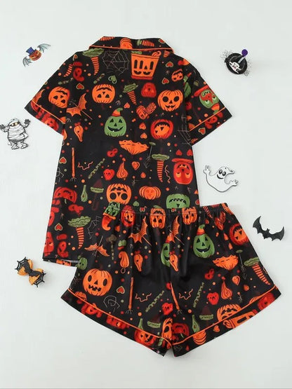 Women's Halloween Print Lapel Neck Pajama, Casual Comfy Short Sleeve Top & Shorts Pajama Set, Ladies Sleepwear for All Seasons, Loungewear (Copy)