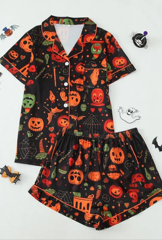 Women's Halloween Print Lapel Neck Pajama, Casual Comfy Short Sleeve Top & Shorts Pajama Set, Ladies Sleepwear for All Seasons, Loungewear (Copy)