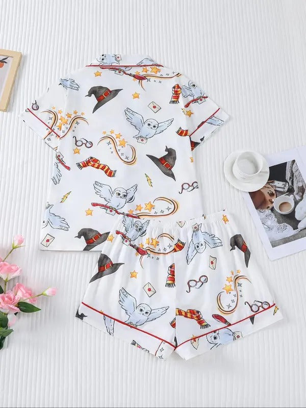 Women's Owl Print Short Sleeve Top & Elastic Waist Shorts Pyjama, Casual Comfy T-shirt & Shorts Pajama Set, Ladies Sleepwear for Summer, Loungewear, Womenswear, Pajama Set