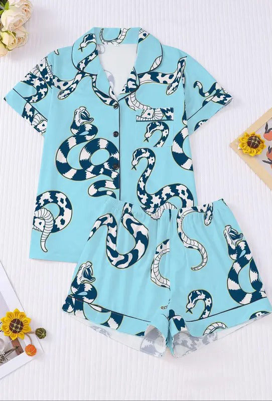 Women's Snake Print Pajama Set, Casual Comfy Short Sleeve Top & Shorts Pajama Set, Ladies Sleepwear for All Seasons, Womenswear, Pjs, Pyjamas