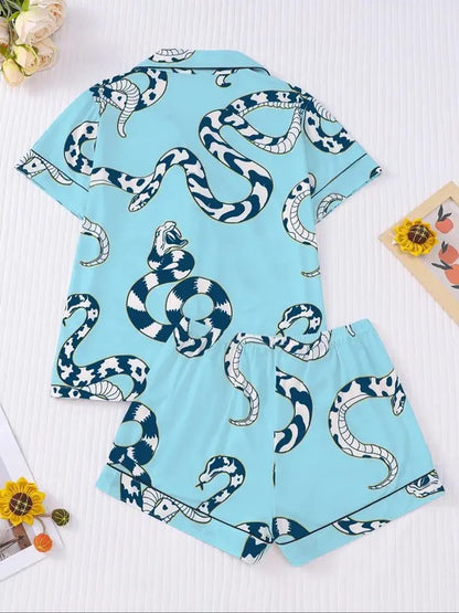 Women's Snake Print Pajama Set, Casual Comfy Short Sleeve Top & Shorts Pajama Set, Ladies Sleepwear for All Seasons, Womenswear, Pjs, Pyjamas